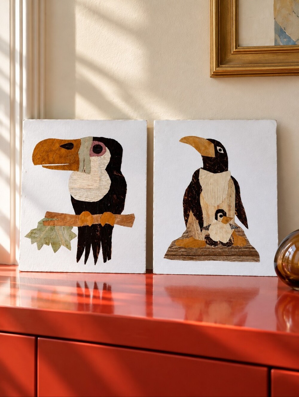 Vintage Wood Veneer Bird Collage Art Pair Toucan Penguin & Chick 7x8.5